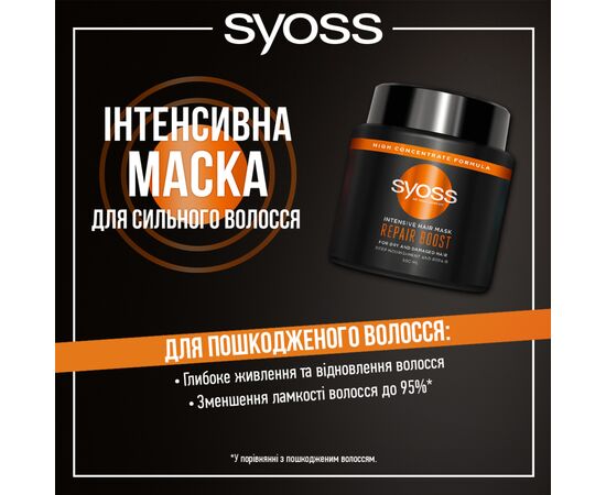 Маска для волос Syoss Repair Boost Интенсивная для поврежденных волос 500 мл (9000101630565), изображение 5 Маска для волос Syoss Repair Boost Интенсивная для поврежденных волос 500 мл (9000101630565), изображение 5