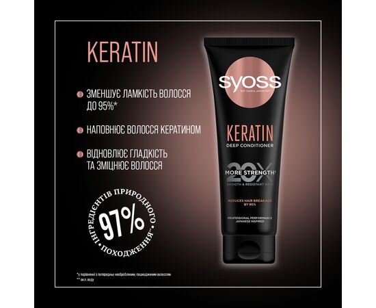 Кондиционер для волос Syoss Keratin Интенсивный с экстрактом голубого лотоса для ломких волос 250 мл (9000101665703), изображение 2 Кондиционер для волос Syoss Keratin Интенсивный с экстрактом голубого лотоса для ломких волос 250 мл (9000101665703), изображение 2