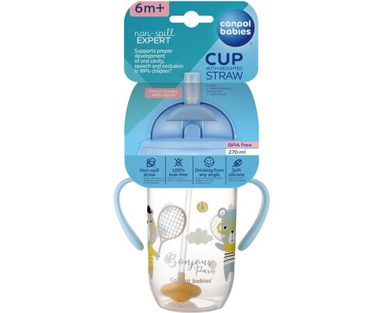 Поильник-непроливайка Canpol babies Bonjour Paris с трубочкой и утяжелителем 270 мл Синяя (56/607_blu), изображение 4 Поильник-непроливайка Canpol babies Bonjour Paris с трубочкой и утяжелителем 270 мл Синяя (56/607_blu), изображение 4