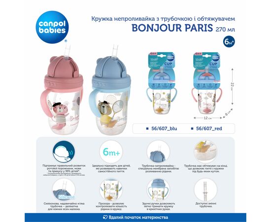 Поильник-непроливайка Canpol babies Bonjour Paris с трубочкой и утяжелителем 270 мл Красная (56/607_red), изображение 5 Поильник-непроливайка Canpol babies Bonjour Paris с трубочкой и утяжелителем 270 мл Красная (56/607_red), изображение 5