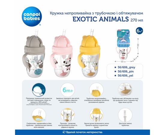 Поильник-непроливайка Canpol babies Exotic Animals с трубочкой и утяжелителем 270 мл Желтая (56/606_yel), изображение 5 Поильник-непроливайка Canpol babies Exotic Animals с трубочкой и утяжелителем 270 мл Желтая (56/606_yel), изображение 5