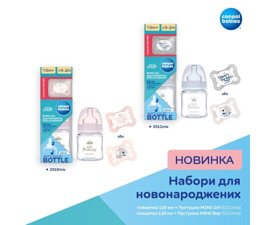 Набор для кормления новорожденных Canpol babies MINI Girl Бутылочка 120 мл и Пустышка (0310mix), изображение 6 Набор для кормления новорожденных Canpol babies MINI Girl Бутылочка 120 мл и Пустышка (0310mix), изображение 6