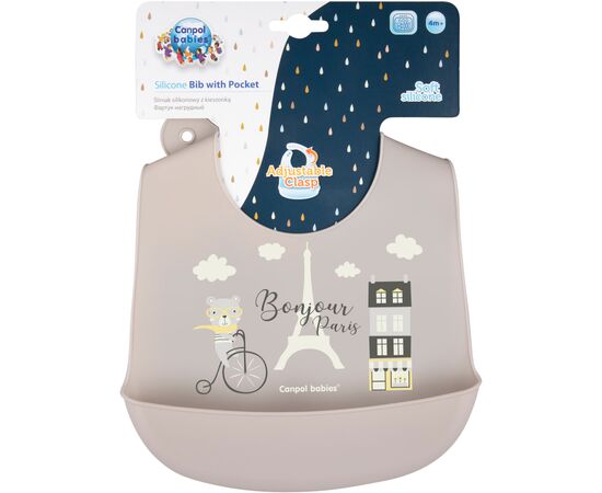 Слюнявчик Canpol babies Bonjour Paris силиконовый с карманом беж (74/027_bei), изображение 2 Слюнявчик Canpol babies Bonjour Paris силиконовый с карманом беж (74/027_bei), изображение 2