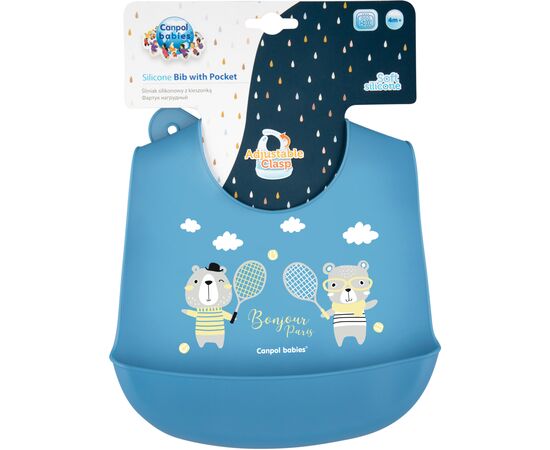 Слюнявчик Canpol babies Bonjour Paris силиконовый с карманом синий (74/027_blu), изображение 2 Слюнявчик Canpol babies Bonjour Paris силиконовый с карманом синий (74/027_blu), изображение 2