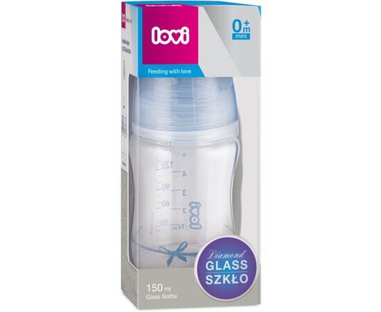 Пляшечка для годування Lovi Diamond Glass Baby Shower скляна 150 мл Блакитна (74/104boy), зображення 3 Пляшечка для годування Lovi Diamond Glass Baby Shower скляна 150 мл Блакитна (74/104boy), зображення 3