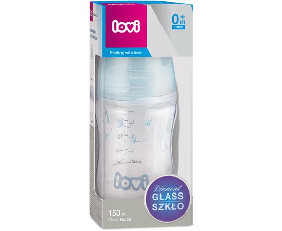 Бутылочка для кормления Lovi Diamond Glass Botanic стеклянная 150 мл Светло-синяя (74/105), изображение 3 Бутылочка для кормления Lovi Diamond Glass Botanic стеклянная 150 мл Светло-синяя (74/105), изображение 3