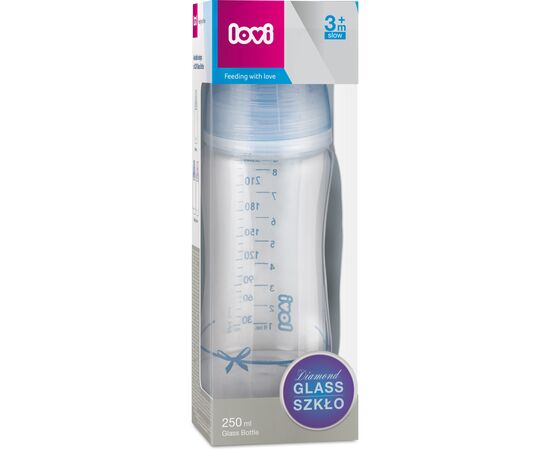 Пляшечка для годування Lovi Diamond Glass Baby Shower скляна 250 мл Блакитна (74/204boy), зображення 3 Пляшечка для годування Lovi Diamond Glass Baby Shower скляна 250 мл Блакитна (74/204boy), зображення 3