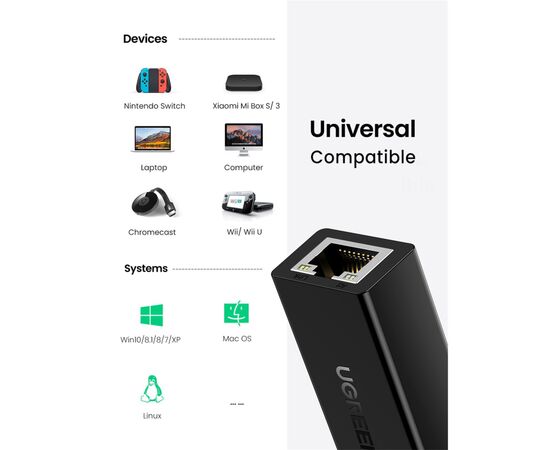 Переходник USB 2.0 to Ethernet RJ45 10/100 Mb CR110 Ugreen (20254), изображение 2 Переходник USB 2.0 to Ethernet RJ45 10/100 Mb CR110 Ugreen (20254), изображение 2