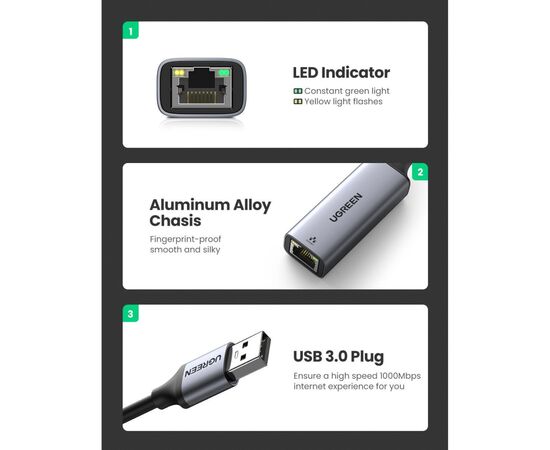 Переходник USB 3.0 to Ethernet RJ45 1000 Mb CM209 Ugreen (50922), изображение 2