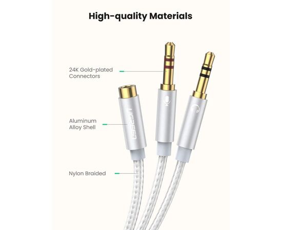 Кабель мультимедийный AUX 3.5mm TRRS to TRSx2 M/M 0.2m Aluminum Case AV140 White Ugreen (10790), изображение 2