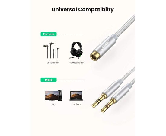 Кабель мультимедийный AUX 3.5mm TRRS to TRSx2 M/M 0.2m Aluminum Case AV140 White Ugreen (10790), изображение 3