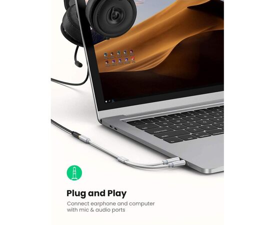 Кабель мультимедийный AUX 3.5mm TRRS to TRSx2 M/M 0.2m Aluminum Case AV140 White Ugreen (10790), изображение 5