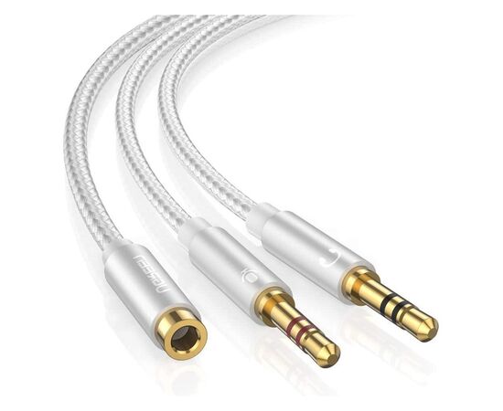 Кабель мультимедійний AUX 3.5mm TRRS to TRSx2 M/M 0.2m Aluminum Case AV140 White Ugreen (10790)