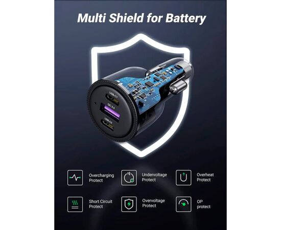 Зарядное устройство Ugreen 2xUSB-C PD+USB-A QC 69W Fast Car Charger Black (CD239) (20467), изображение 7 Зарядное устройство Ugreen 2xUSB-C PD+USB-A QC 69W Fast Car Charger Black (CD239) (20467), изображение 7