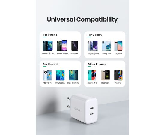 Зарядное устройство Ugreen 2xUSB 40W PD (2xType-C) PD CD243 White (10343), изображение 5