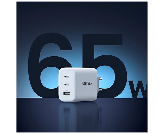 Зарядное устройство Ugreen 3xUSB 65W (2xType-C+USB QC3.0) Fast Charger White CD275 (90496), изображение 2 Зарядное устройство Ugreen 3xUSB 65W (2xType-C+USB QC3.0) Fast Charger White CD275 (90496), изображение 2