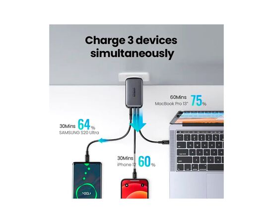 Зарядное устройство Ugreen 3xUSB 65W GaN (2хUSB-C+USB-A) CD244 Grey (10335), изображение 3