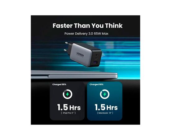 Зарядное устройство Ugreen 3xUSB 65W GaN (2хUSB-C+USB-A) CD244 Grey (10335), изображение 4