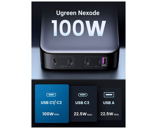 Зарядное устройство Ugreen 4xUSB 100W (3xType-C+USB A QC3) GAN Charger Nexode Series Black CD328 (90928), изображение 2