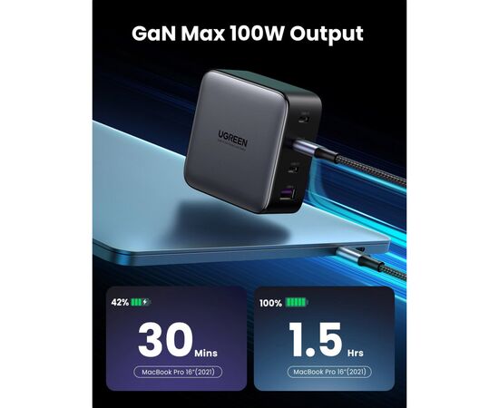 Зарядное устройство Ugreen 4xUSB 100W GAN (USB-A+3*USB-C) Tech Fast Charger CD226 Grey (90575), изображение 2 Зарядное устройство Ugreen 4xUSB 100W GAN (USB-A+3*USB-C) Tech Fast Charger CD226 Grey (90575), изображение 2
