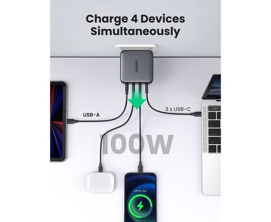 Зарядное устройство Ugreen 4xUSB 100W GAN (USB-A+3*USB-C) Tech Fast Charger CD226 Grey (90575), изображение 3 Зарядное устройство Ugreen 4xUSB 100W GAN (USB-A+3*USB-C) Tech Fast Charger CD226 Grey (90575), изображение 3
