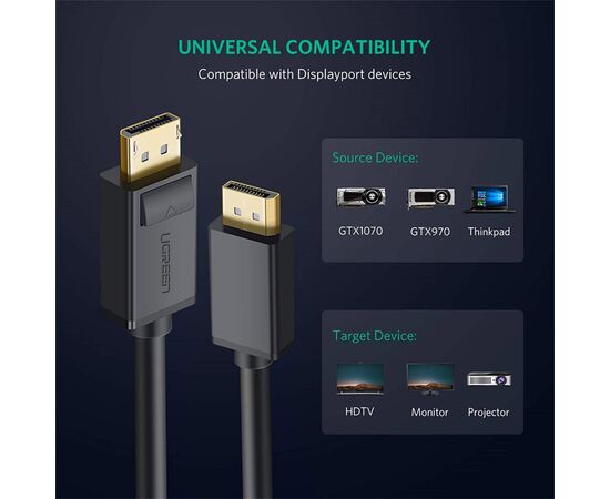 Кабель мультимедийный Display Port to Display Port 3.0m V1.2 DP102 Ugreen (10212), изображение 3 Кабель мультимедийный Display Port to Display Port 3.0m V1.2 DP102 Ugreen (10212), изображение 3