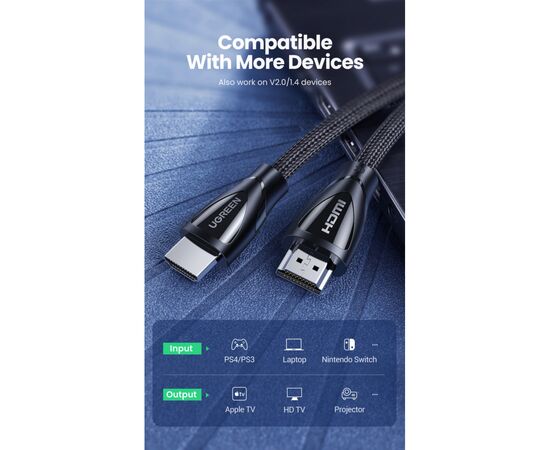 Кабель мультимедийный HDMI to HDMI 1.0m V2.1 HD140 Ugreen (80401), изображение 2 Кабель мультимедийный HDMI to HDMI 1.0m V2.1 HD140 Ugreen (80401), изображение 2