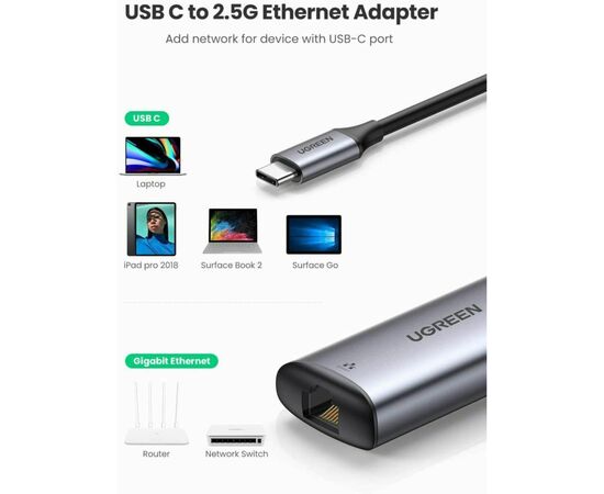 Переходник USB3.1 Type-C to Ethernet RJ45 1000Mb CM275 Ugreen (70446), изображение 2 Переходник USB3.1 Type-C to Ethernet RJ45 1000Mb CM275 Ugreen (70446), изображение 2