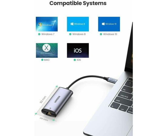 Переходник USB3.1 Type-C to Ethernet RJ45 1000Mb CM275 Ugreen (70446), изображение 4 Переходник USB3.1 Type-C to Ethernet RJ45 1000Mb CM275 Ugreen (70446), изображение 4