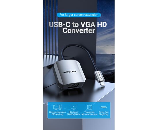 Переходник USB3.1 Type-C to VGA (F) 0.15m 1080p 60Hz Vention (TDFHB), изображение 2 Переходник USB3.1 Type-C to VGA (F) 0.15m 1080p 60Hz Vention (TDFHB), изображение 2