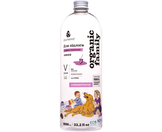 Засіб для миття підлоги Purenn Organic Family Amigo Animal Friendly неароматизований, антибактеріальний 1 л (4751024880166)