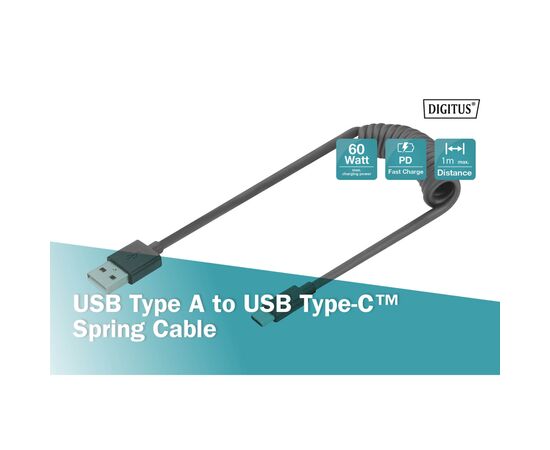 Дата кабель USB 2.0 AM to Type-C 1.0m (0.32m) spiral black Digitus (AK-300430-006-S), изображение 4 Дата кабель USB 2.0 AM to Type-C 1.0m (0.32m) spiral black Digitus (AK-300430-006-S), изображение 4
