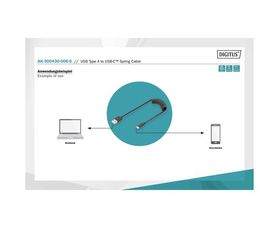 Дата кабель USB 2.0 AM to Type-C 1.0m (0.32m) spiral black Digitus (AK-300430-006-S), изображение 5 Дата кабель USB 2.0 AM to Type-C 1.0m (0.32m) spiral black Digitus (AK-300430-006-S), изображение 5