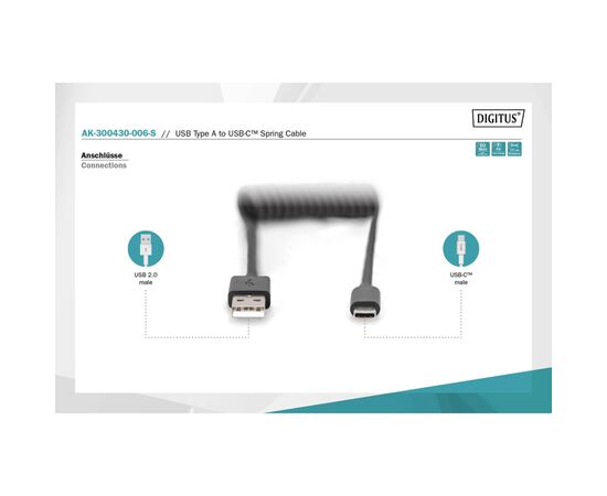 Дата кабель USB 2.0 AM to Type-C 1.0m (0.32m) spiral black Digitus (AK-300430-006-S), изображение 6 Дата кабель USB 2.0 AM to Type-C 1.0m (0.32m) spiral black Digitus (AK-300430-006-S), изображение 6