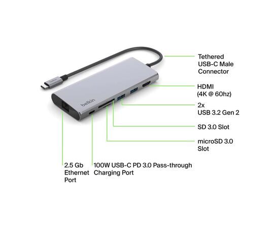 Концентратор USB-C 7in1 Ethernet Multiport Dock Belkin (INC009BTSGY), изображение 2 Концентратор USB-C 7in1 Ethernet Multiport Dock Belkin (INC009BTSGY), изображение 2