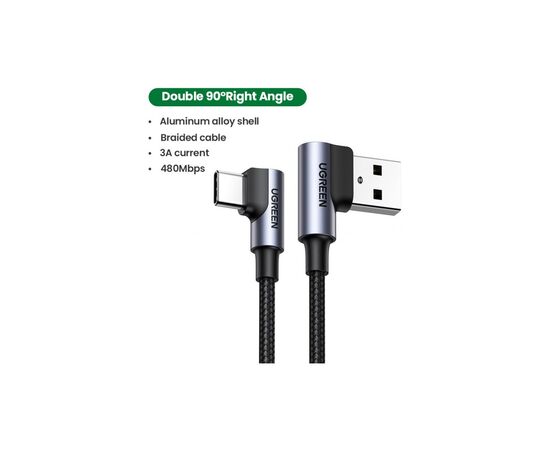 Дата кабель USB 2.0 AM to Type-C 1.0m US176 Both Angled 3A (Black) Ugreen (20856), изображение 3 Дата кабель USB 2.0 AM to Type-C 1.0m US176 Both Angled 3A (Black) Ugreen (20856), изображение 3