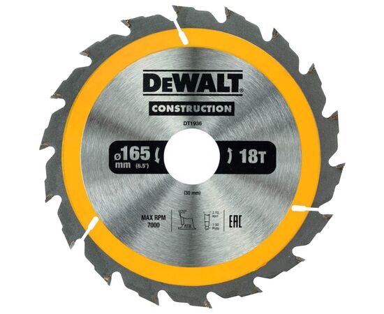 Диск пильный DeWALT CONSTRUCTION, 165х30мм, 18 z , ATB, 20 градусов, 7000 об/мин. (DT1936)