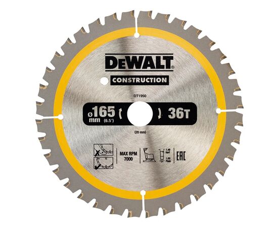 Диск пильный DeWALT CONSTRUCTION 165 х 20 мм, 36 z (ATB), 20 градусов (DT1950)