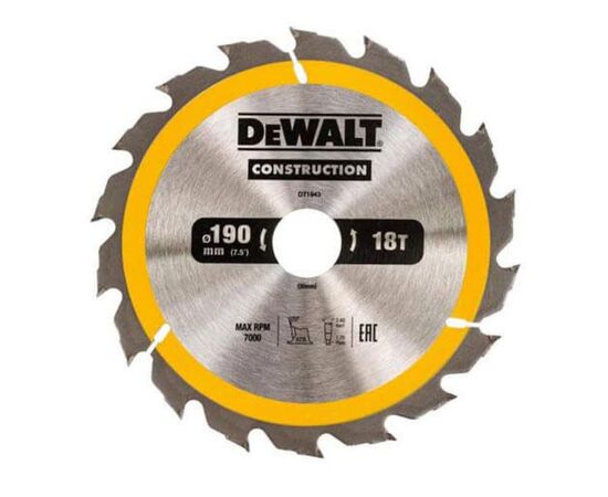 Диск пильный DeWALT СONSTRUCTION , 190 х 30 мм, 18 z, АТВ, 20 градусов (DT1943)