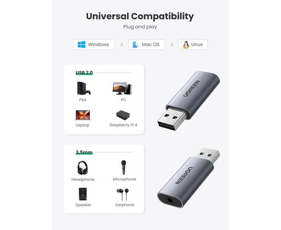 Звуковая плата Ugreen CM383 gray (80864), изображение 2 Звуковая плата Ugreen CM383 gray (80864), изображение 2