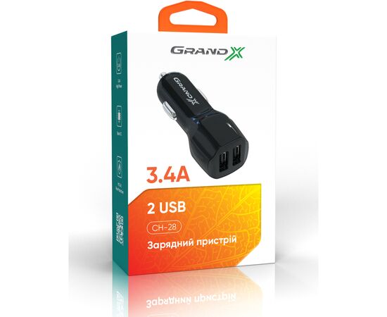 Зарядное устройство Grand-X 3,4A 12-24V Black 2USB 5V/3 (CH-28), изображение 3 Зарядное устройство Grand-X 3,4A 12-24V Black 2USB 5V/3 (CH-28), изображение 3