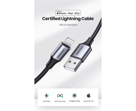 Дата кабель USB 2.0 AM to Lightning 1.0m US199 MFI Black Ugreen (US199/60156), изображение 3 Дата кабель USB 2.0 AM to Lightning 1.0m US199 MFI Black Ugreen (US199/60156), изображение 3