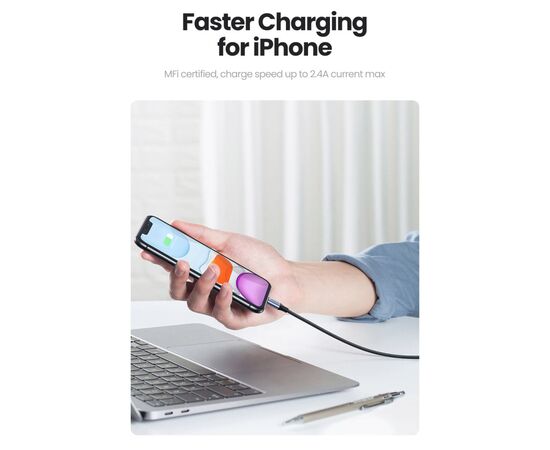 Дата кабель USB 2.0 AM to Lightning 1.0m US199 MFI Black Ugreen (US199/60156), изображение 5 Дата кабель USB 2.0 AM to Lightning 1.0m US199 MFI Black Ugreen (US199/60156), изображение 5