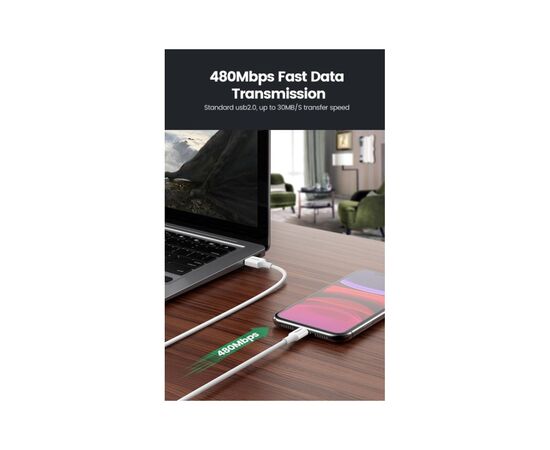Дата кабель USB 2.0 AM to Lightning 1.0m US155 MFI White Ugreen (US155/20728), изображение 4 Дата кабель USB 2.0 AM to Lightning 1.0m US155 MFI White Ugreen (US155/20728), изображение 4