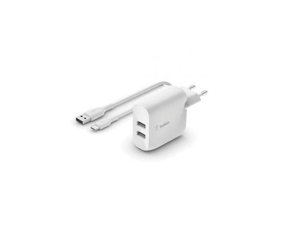 Зарядний пристрій Belkin Home Charger (24W) DUAL USB 2.4A, USB-C cable 1m, white (WCE001VF1MWH)