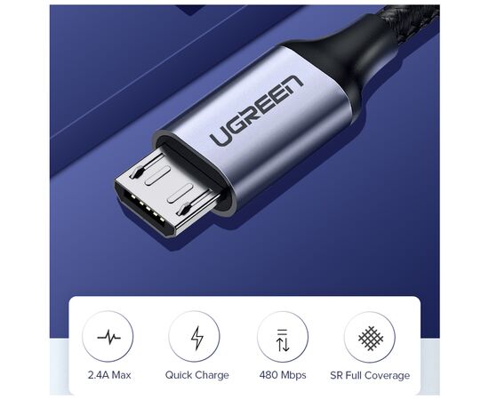 Дата кабель USB 2.0 AM to Micro 5P 1.5m US290 Silver Ugreen (US290/60152), изображение 2 Дата кабель USB 2.0 AM to Micro 5P 1.5m US290 Silver Ugreen (US290/60152), изображение 2