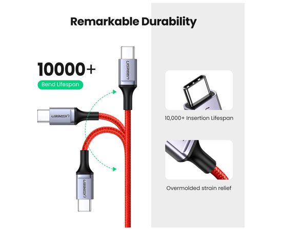 Дата кабель USB-C to USB-C 1.0m US294 3A Red Ugreen (US294/60186), изображение 4 Дата кабель USB-C to USB-C 1.0m US294 3A Red Ugreen (US294/60186), изображение 4