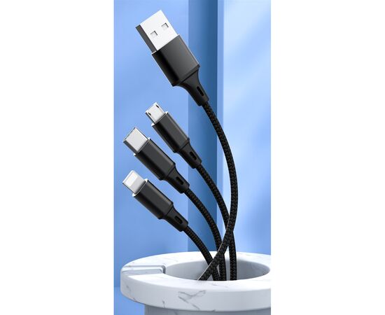 Дата кабель USB 2.0 AM to Lightning + Micro 5P + Type-C Azeada PD-B92th Black Proda (PD-B92th-BK), изображение 2 Дата кабель USB 2.0 AM to Lightning + Micro 5P + Type-C Azeada PD-B92th Black Proda (PD-B92th-BK), изображение 2