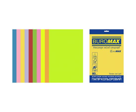 Бумага Buromax А4, 80g, NEON+INTENSIVE, 10colors, 20sh, EUROMAX (BM.2721820E-99)