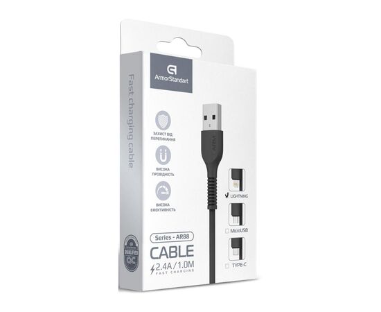 Дата кабель USB 2.0 AM to Lightning 1.0m AR88 2.4A black Armorstandart (ARM60009), изображение 4 Дата кабель USB 2.0 AM to Lightning 1.0m AR88 2.4A black Armorstandart (ARM60009), изображение 4